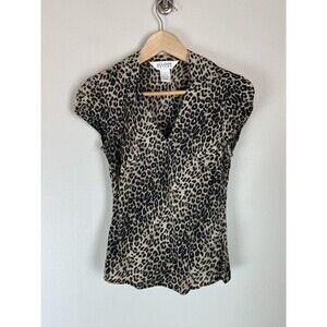 S Pure Silk Leopard Blouse Top Y2K Satin Print Babydoll Vintage Cap Sleeve